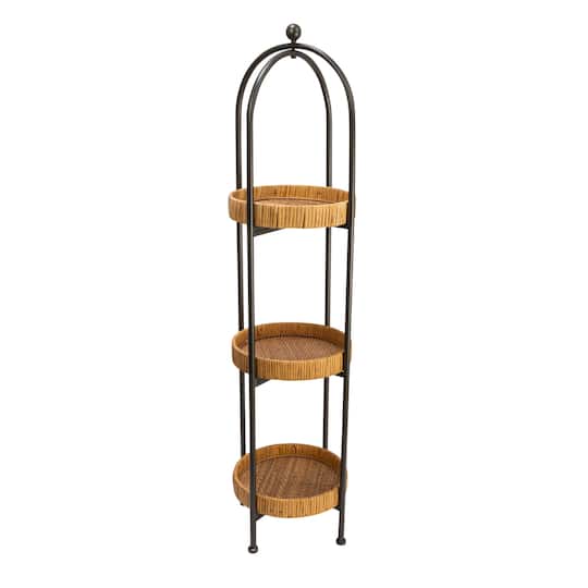 3ft. Boho Arched Black Metal Plant Stand with Rattan Trays